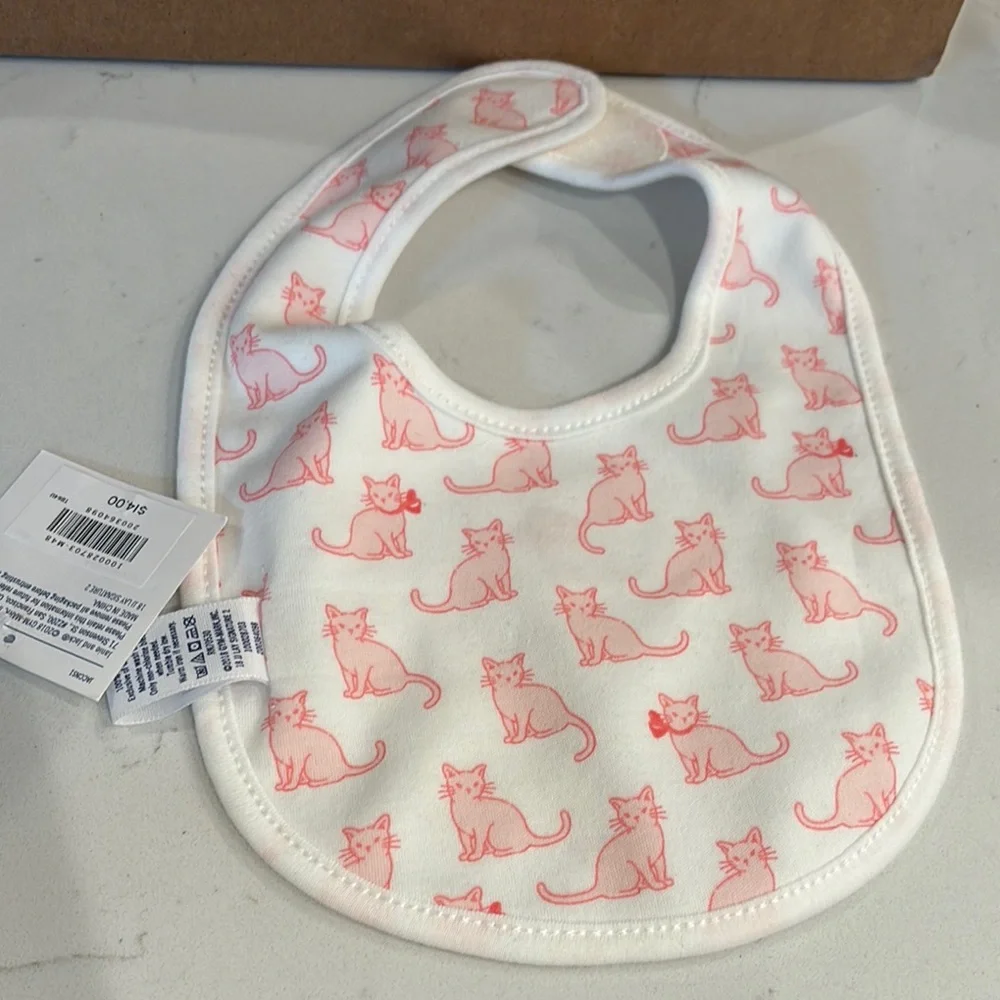 Janie &Jack White Baby Bib w/ Pink Embroidered Cat NWT